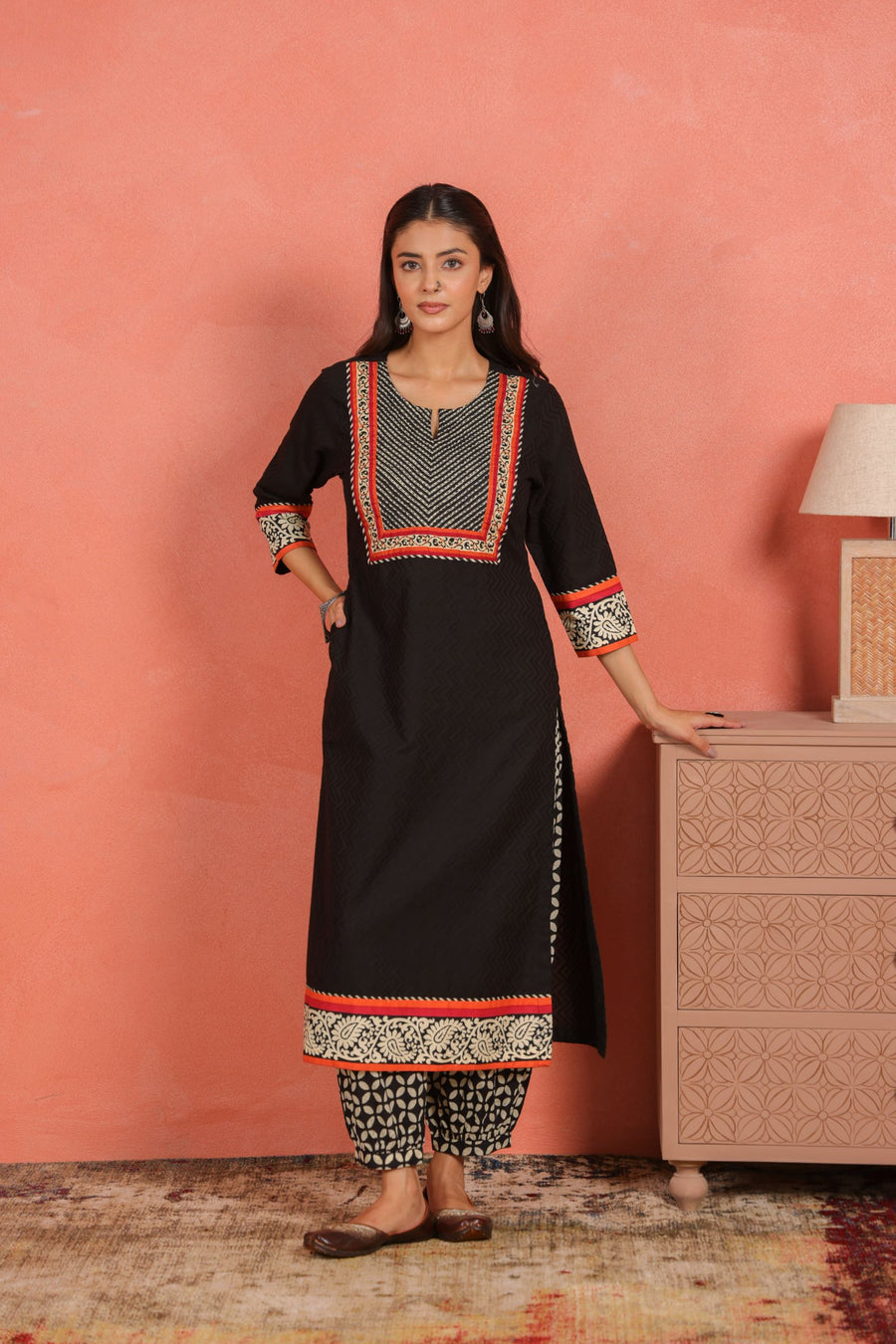 Black Cotton Dobby Kurta Set with Kantha Embroidery