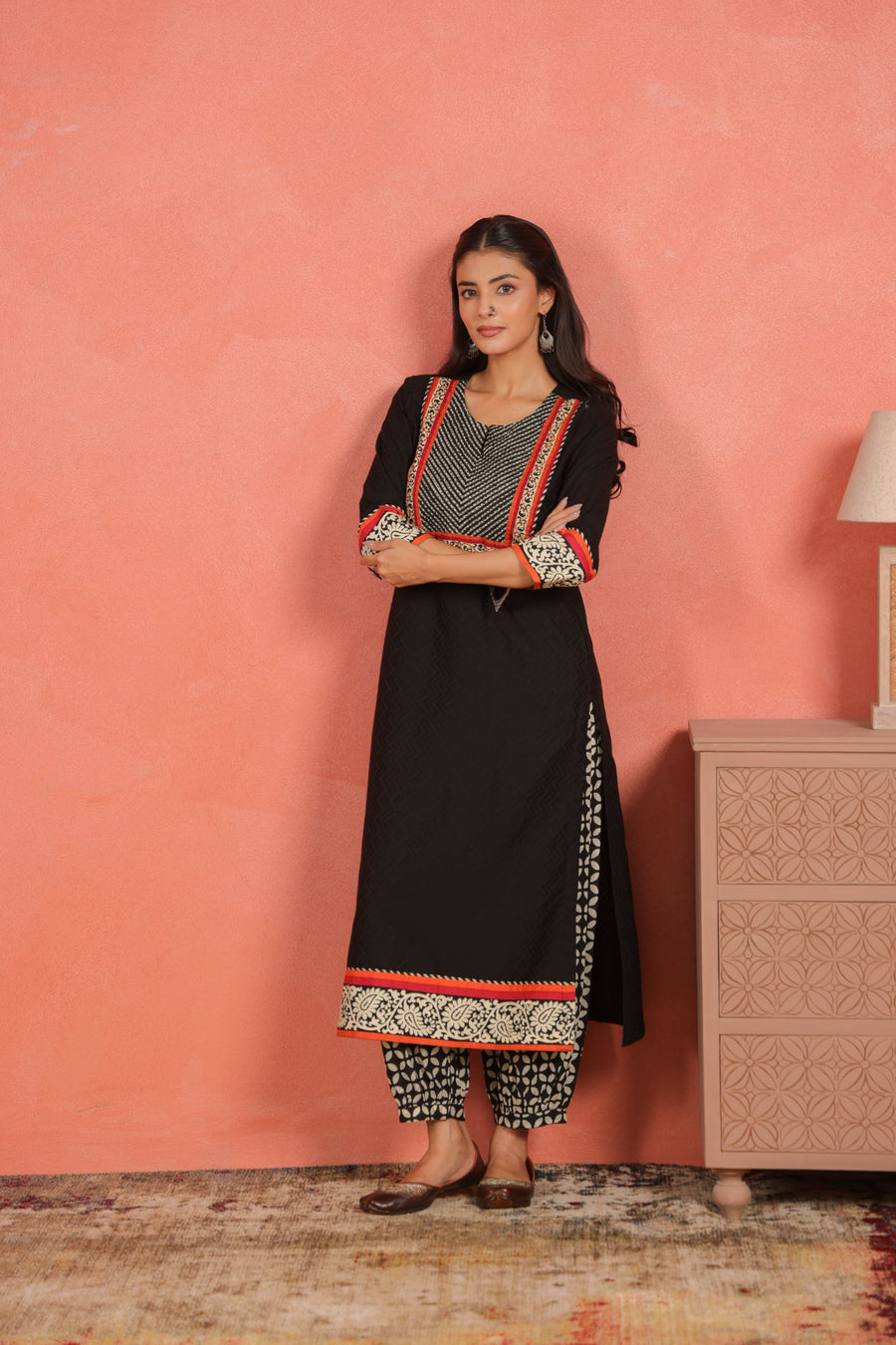 Black Cotton Dobby Kurta Set with Kantha Embroidery