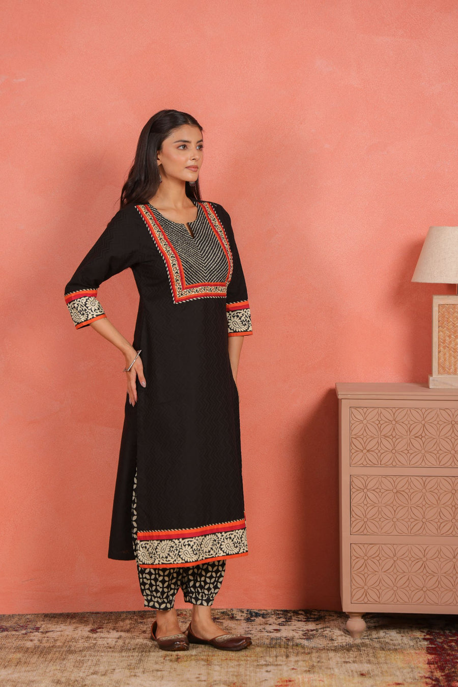 Black Cotton Dobby Kurta Set with Kantha Embroidery
