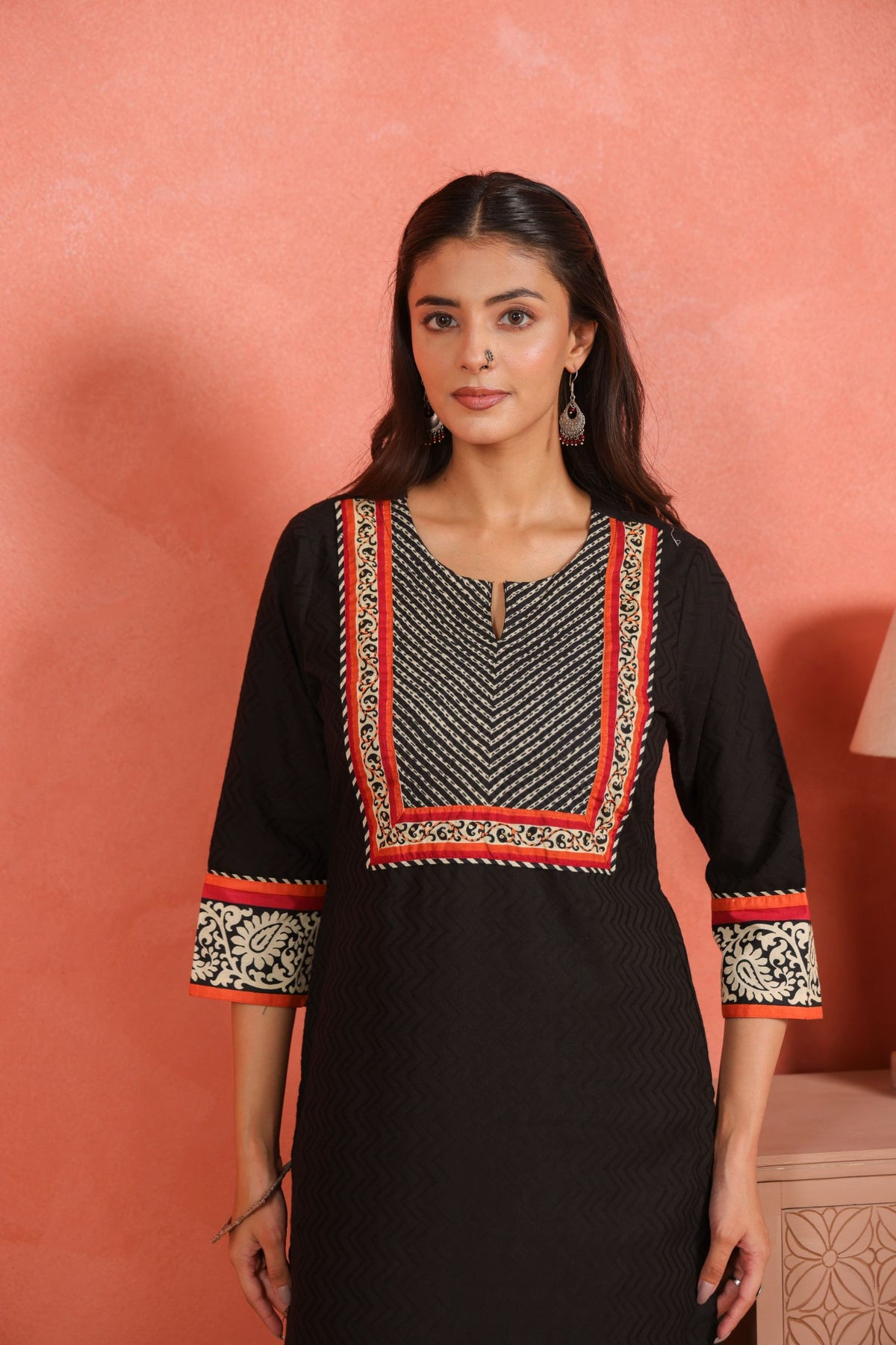 Black Cotton Dobby Kurta Set with Kantha Embroidery