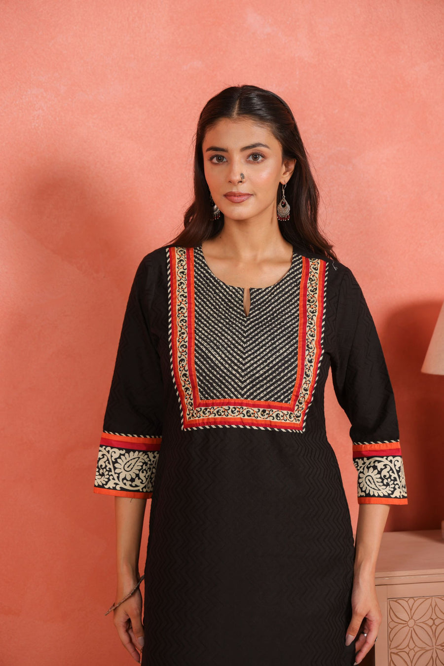 Black Cotton Dobby Kurta Set with Kantha Embroidery
