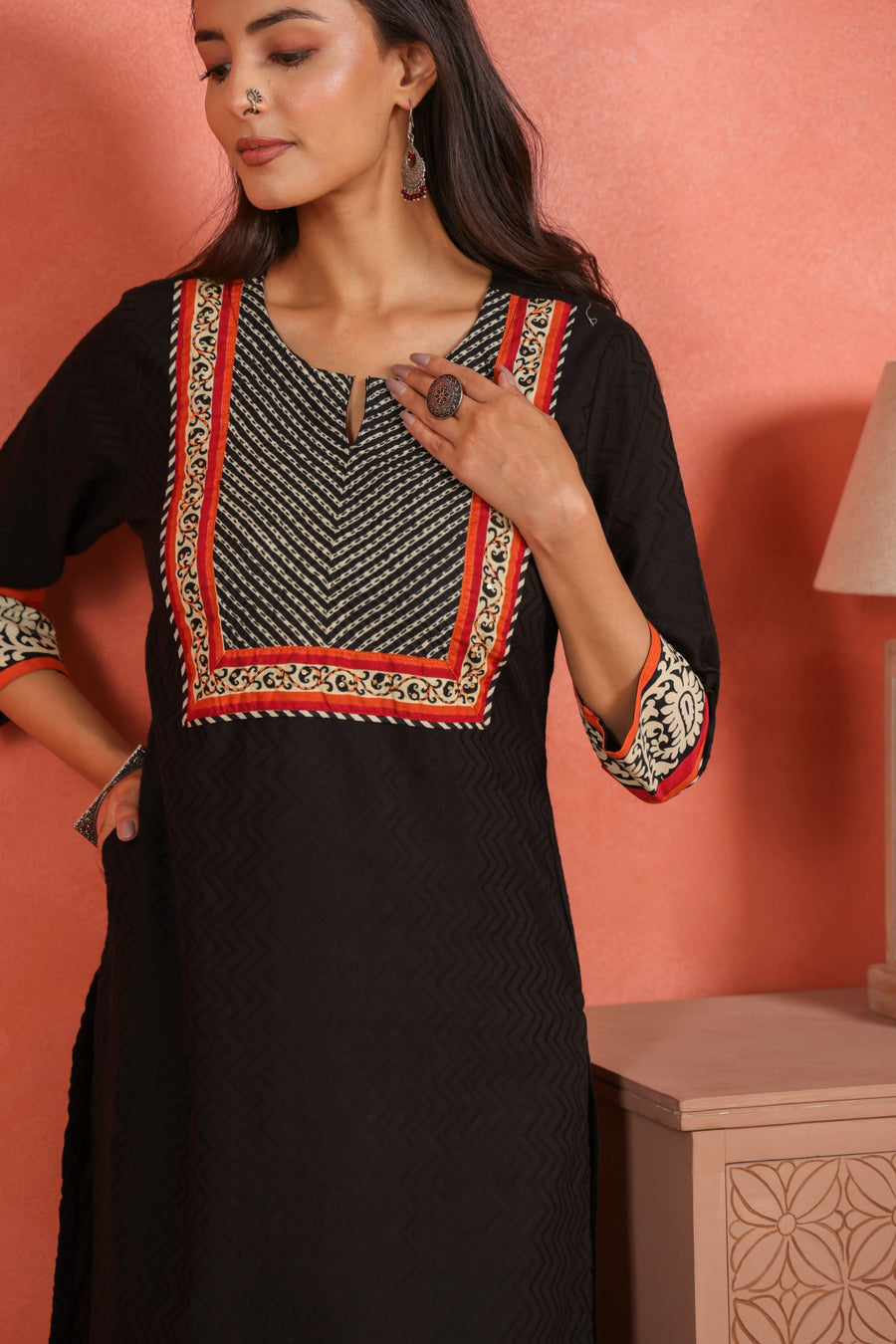 Black Cotton Dobby Kurta Set with Kantha Embroidery