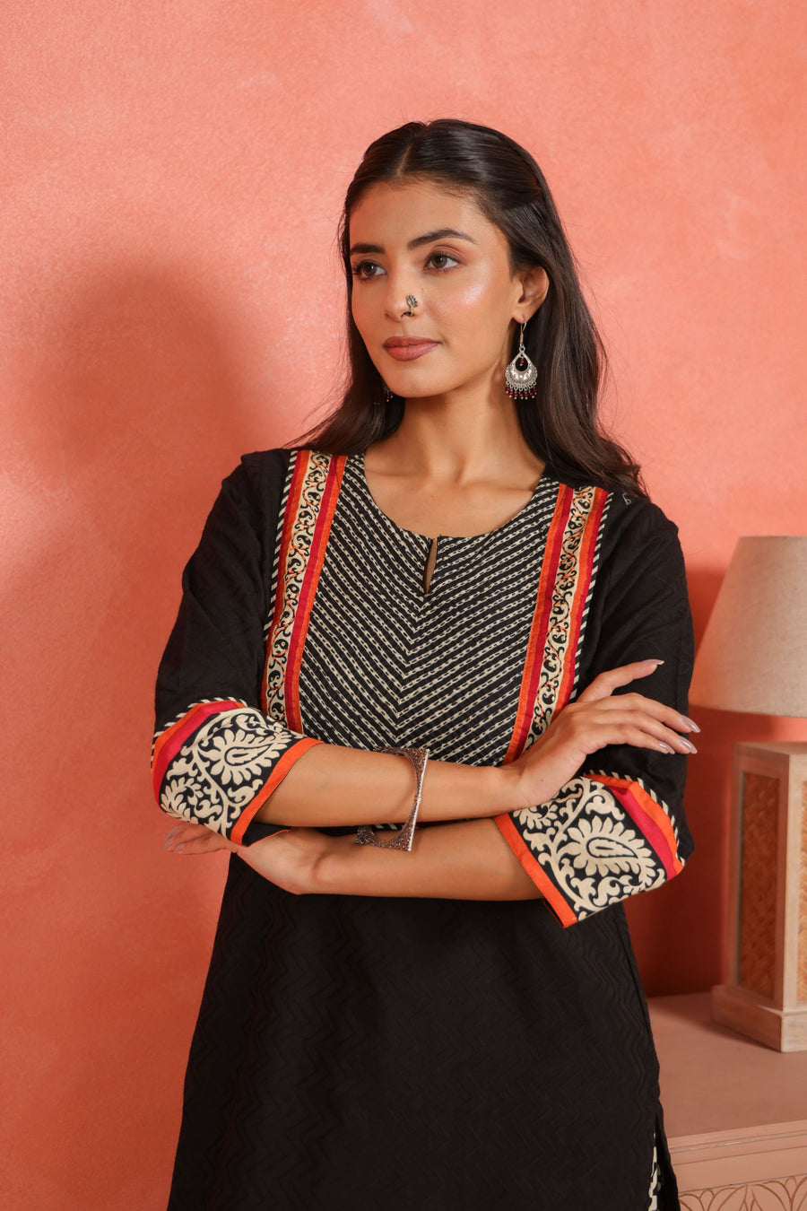 Black Cotton Dobby Kurta Set with Kantha Embroidery