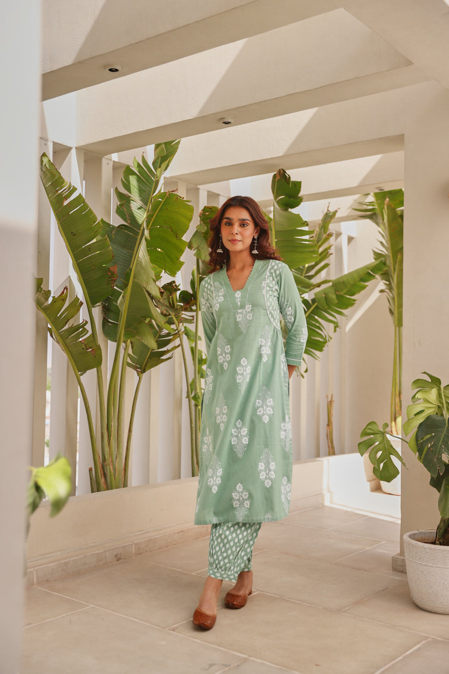 Green Chunakhari Printed Cotton Kurta Set with Lace & Bead Work