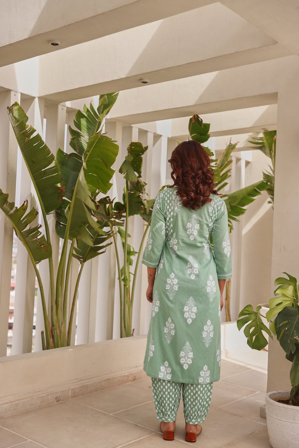 Green Chunakhari Printed Cotton Kurta Set with Lace & Bead Work