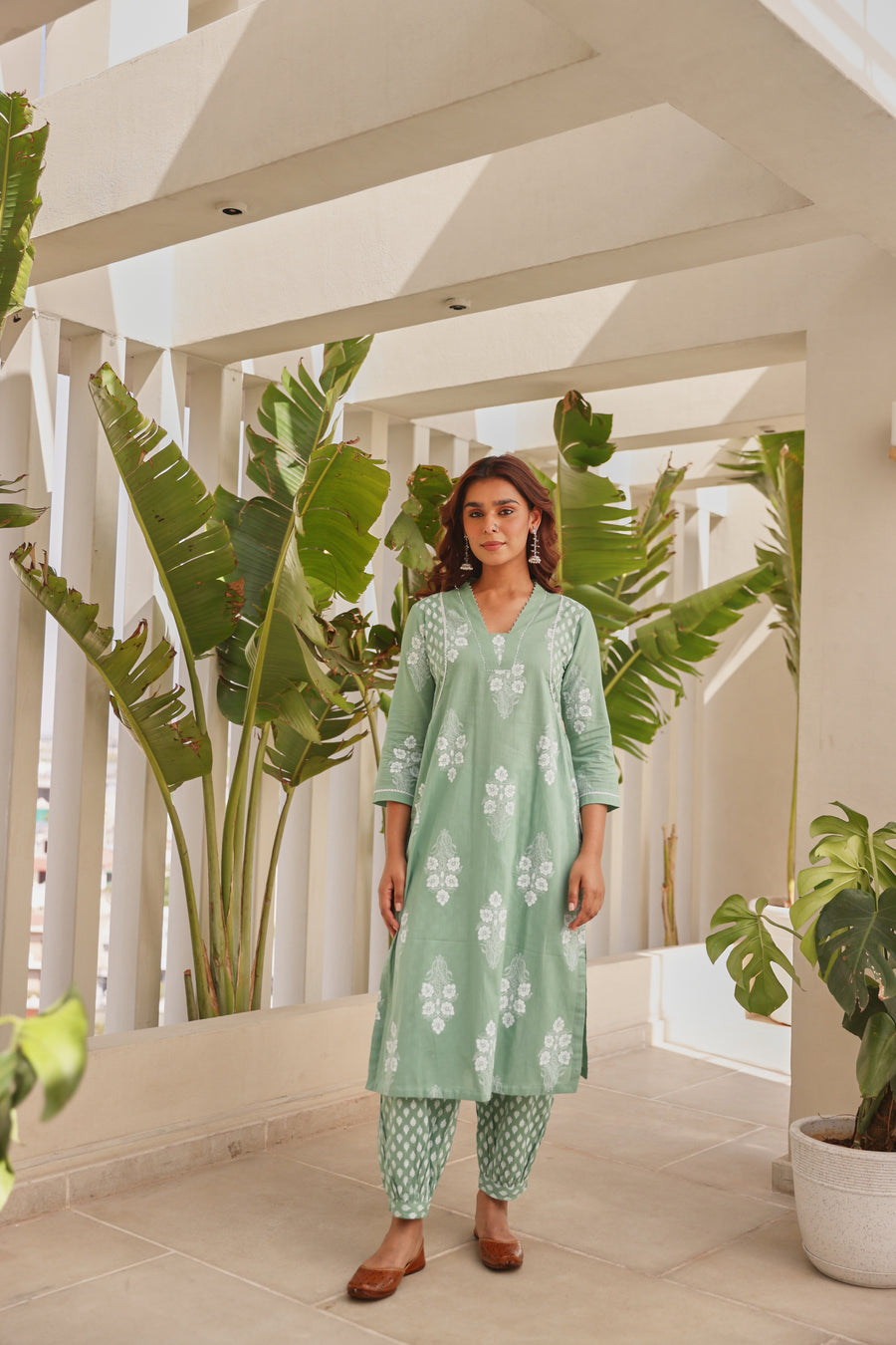 Green Chunakhari Printed Cotton Kurta Set with Lace & Bead Work