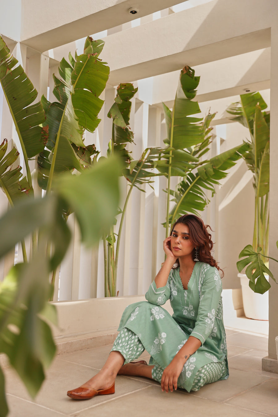 Green Chunakhari Printed Cotton Kurta Set with Lace & Bead Work