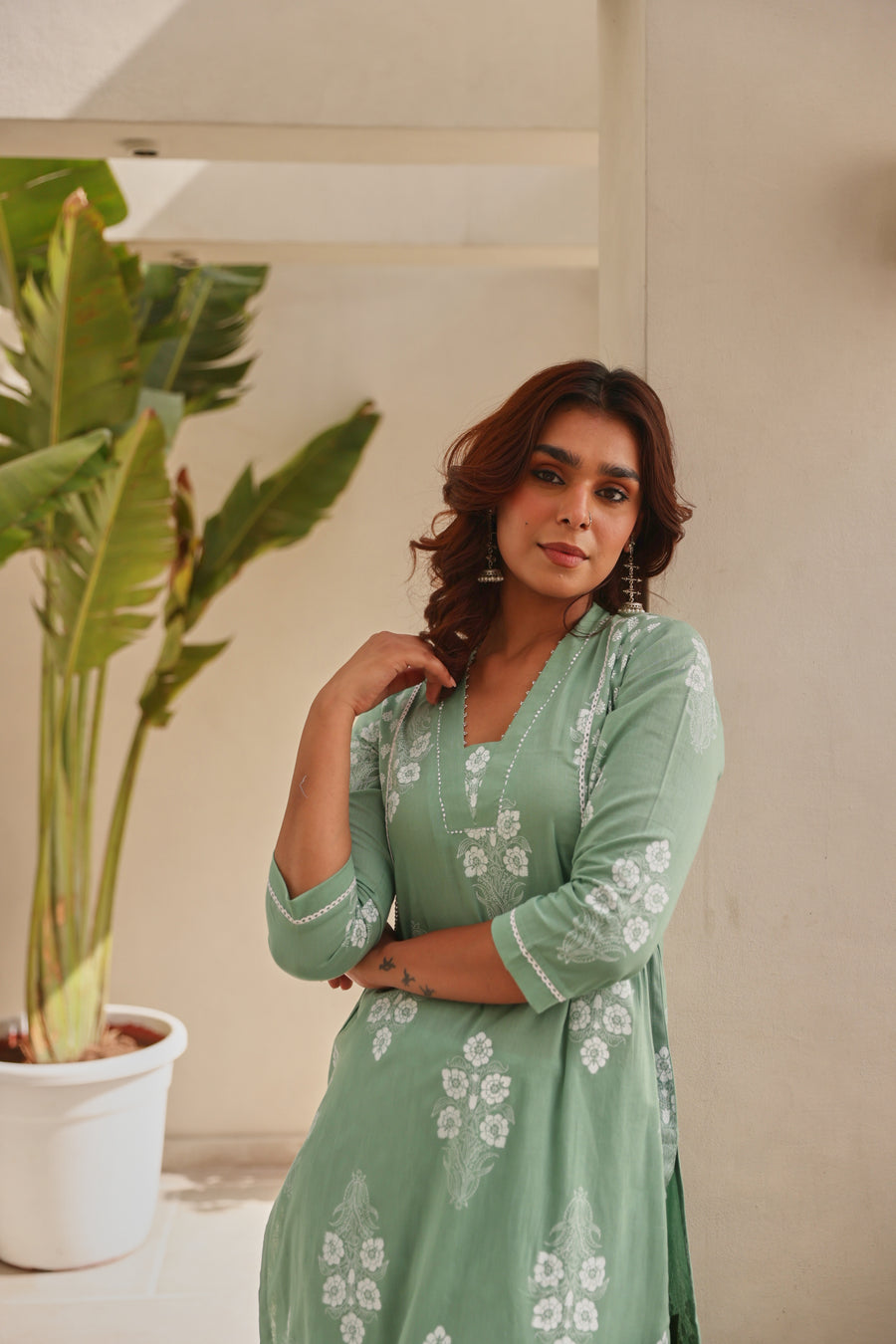Green Chunakhari Printed Cotton Kurta Set with Lace & Bead Work