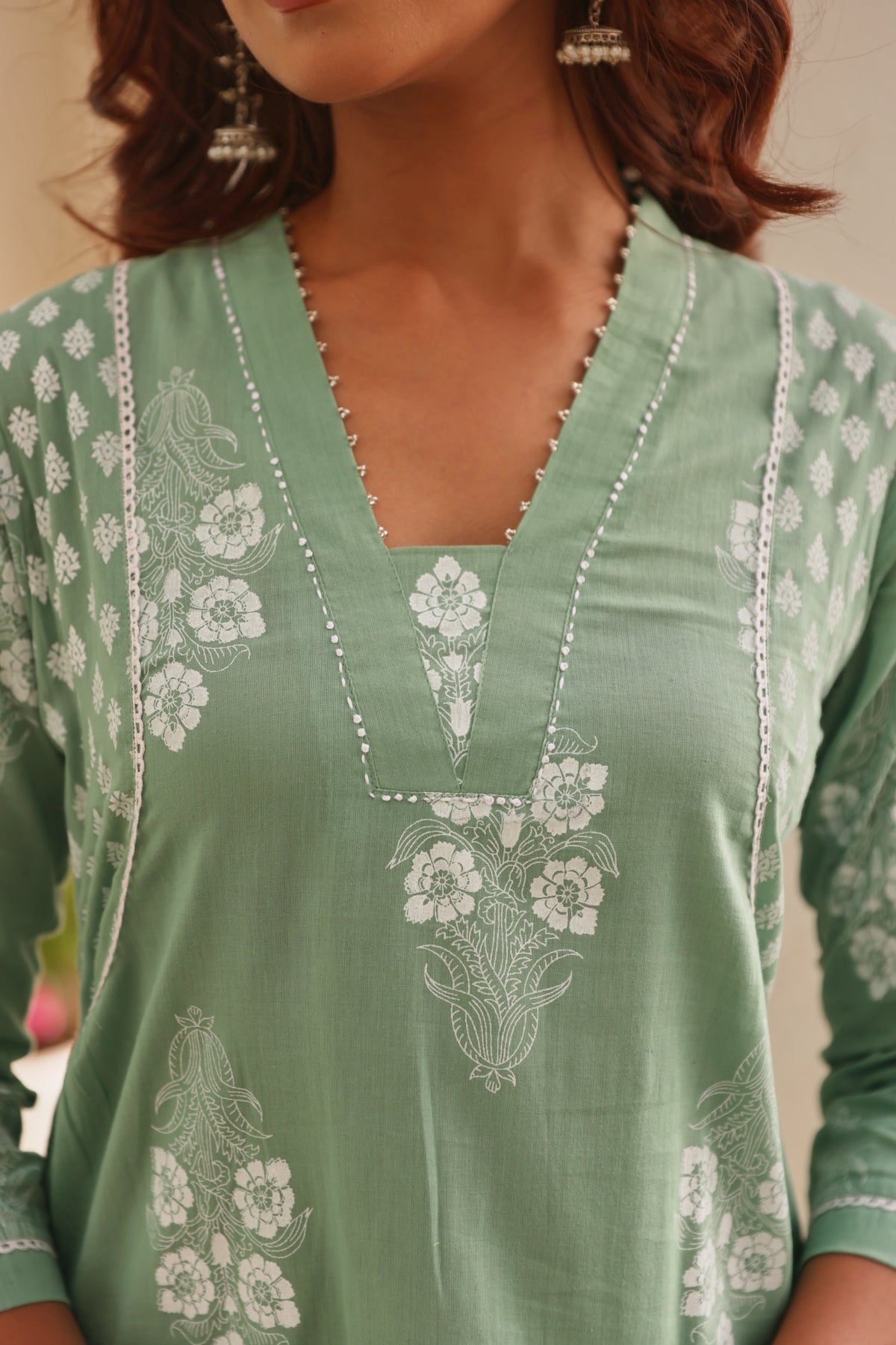 Green Chunakhari Printed Cotton Kurta Set with Lace & Bead Work