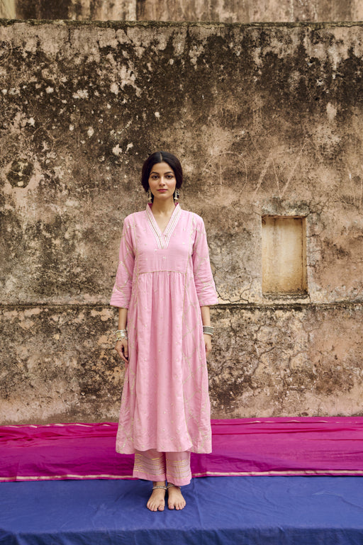Pink Embroidered Mulmul Kurta Pant Set