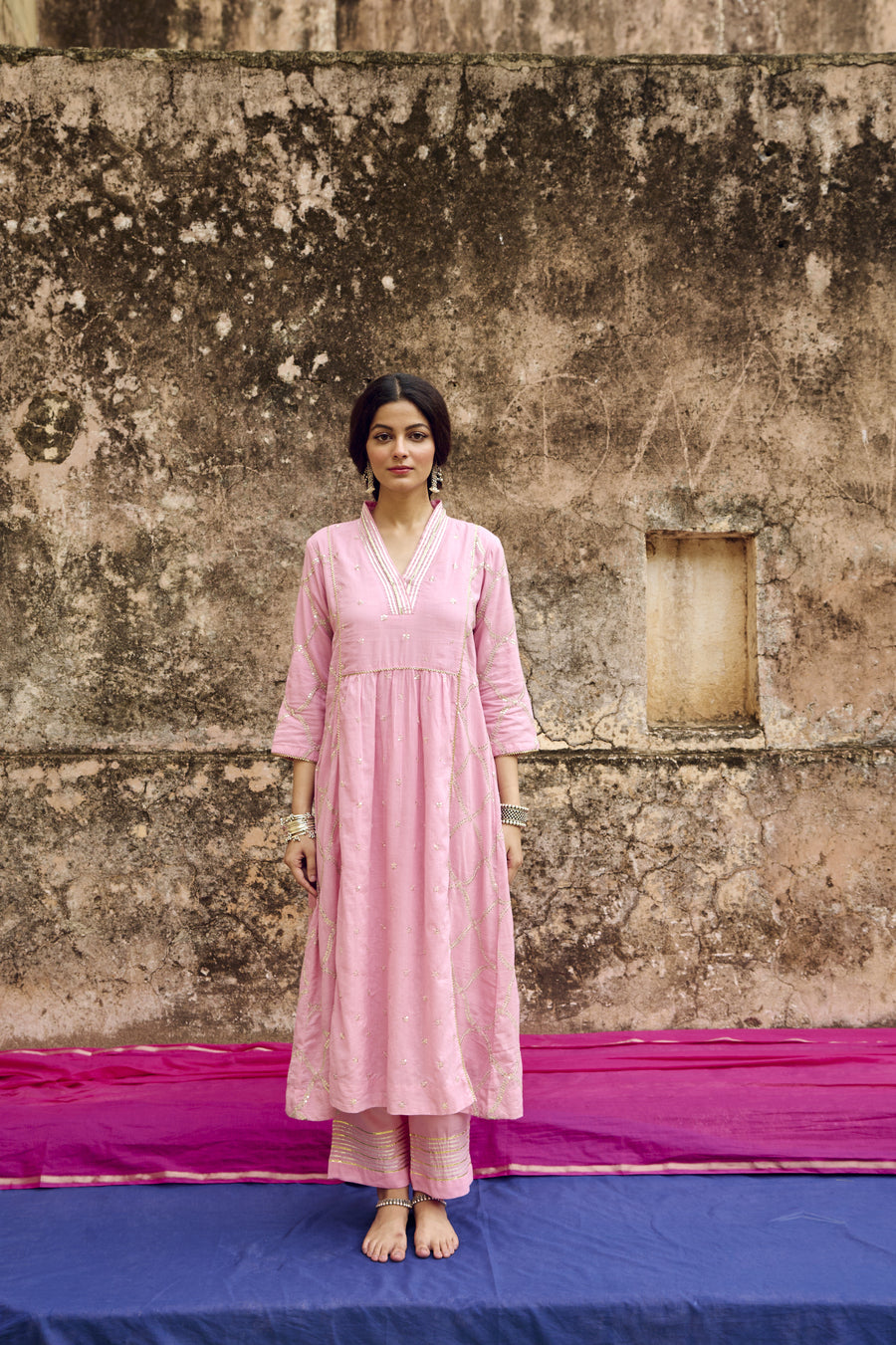 Pink Embroidered Mulmul Kurta Pant Set
