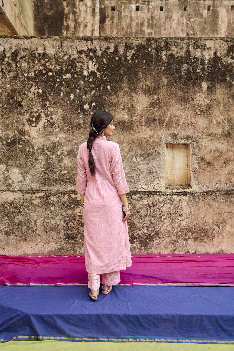 Pink Embroidered Mulmul Kurta Pant Set