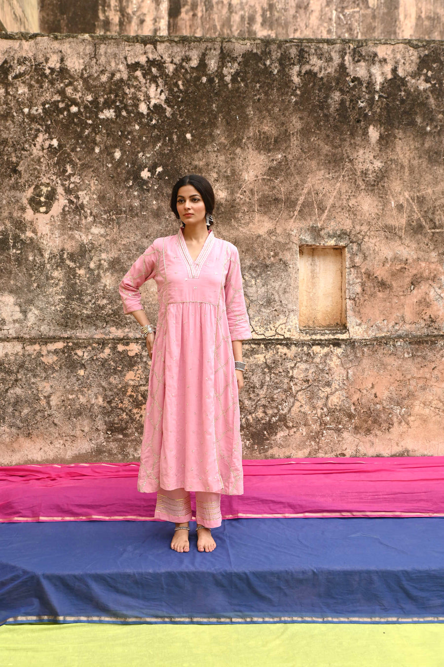 Pink Embroidered Mulmul Kurta Pant Set