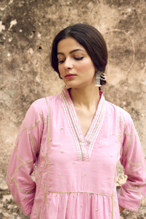 Pink Embroidered Mulmul Kurta Pant Set