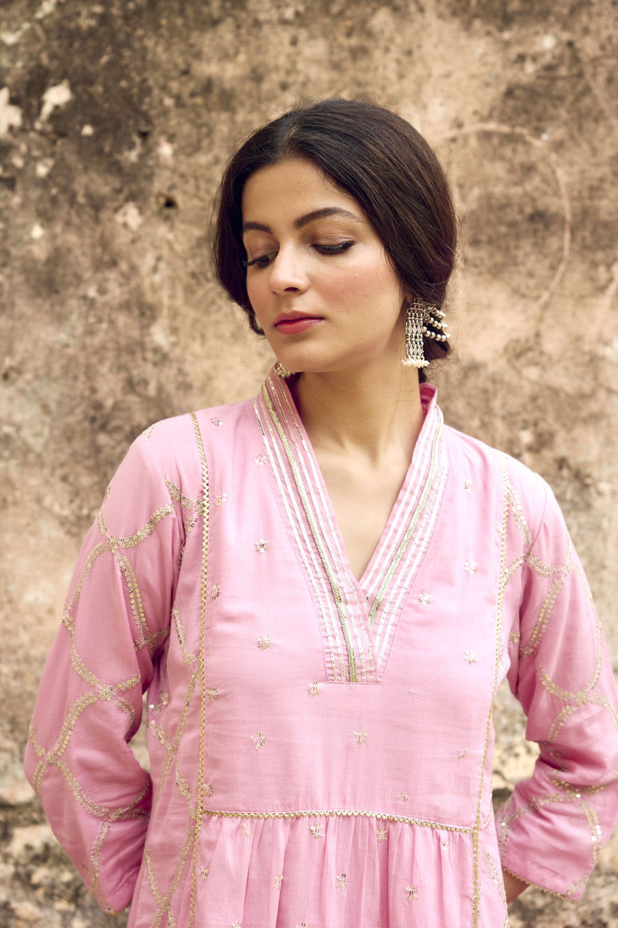 Pink Embroidered Mulmul Kurta Pant Set