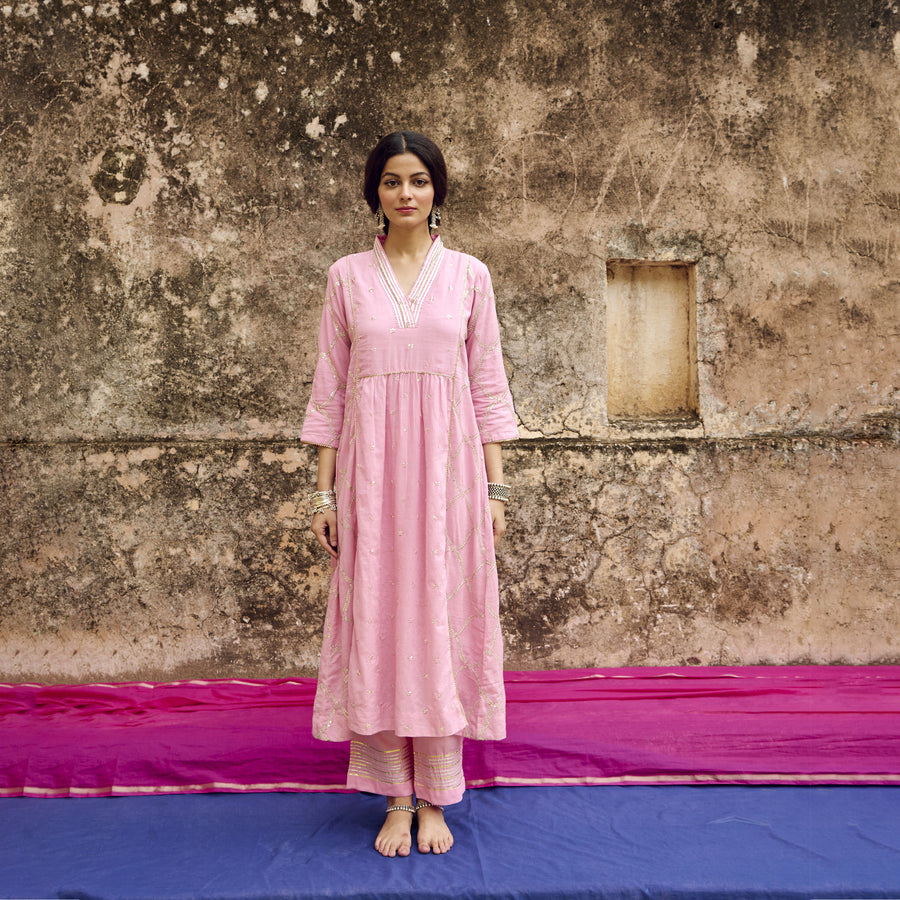 Pink Embroidered Mulmul Kurta Pant Set