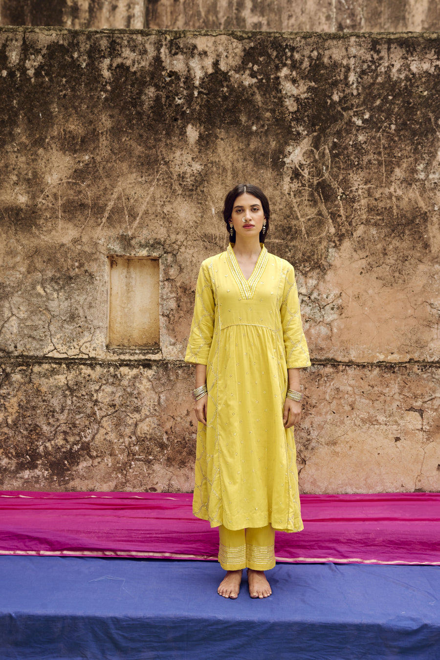 Yellow Embroidered Mulmul Kurta Pant Set