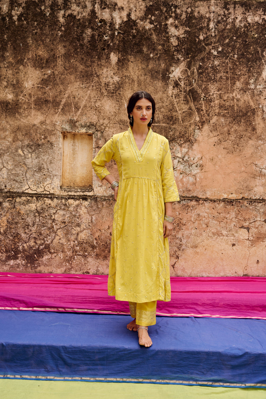 Yellow Embroidered Mulmul Kurta Pant Set