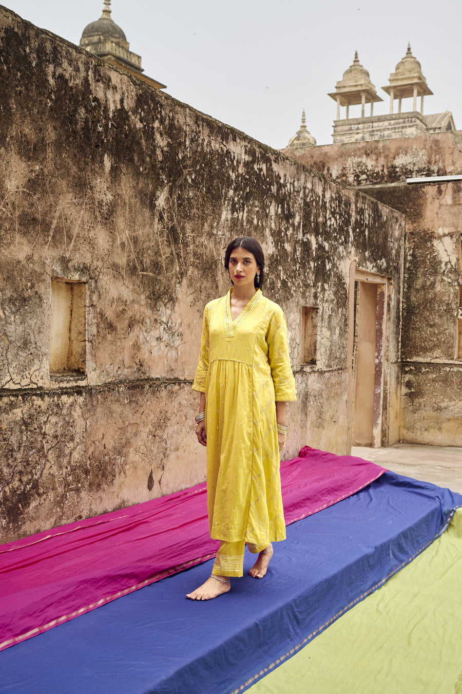 Yellow Embroidered Mulmul Kurta Pant Set