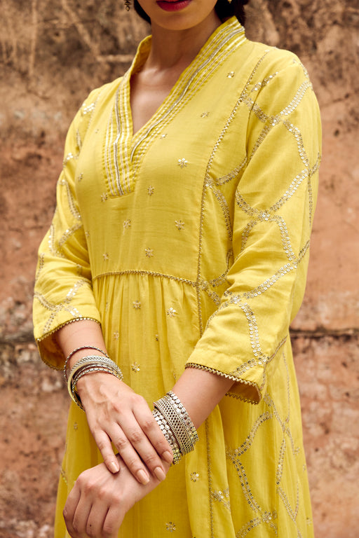 Yellow Embroidered Mulmul Kurta Pant Set