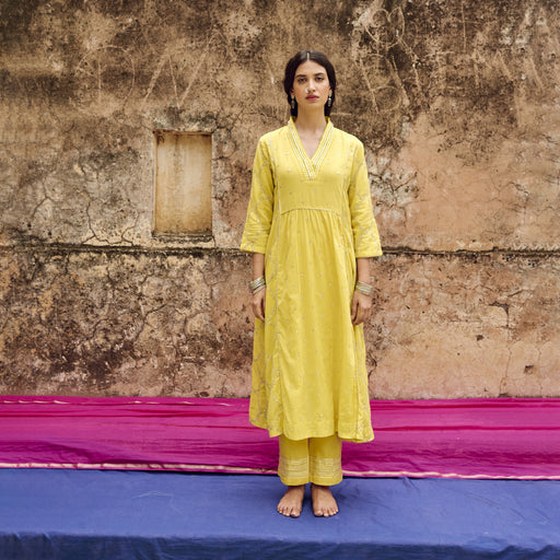 Yellow Embroidered Mulmul Kurta Pant Set