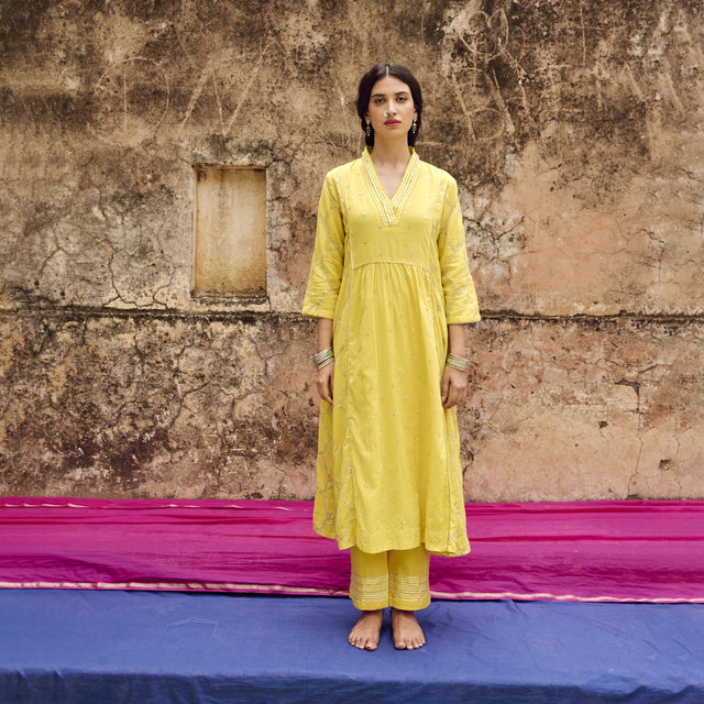 Yellow Embroidered Mulmul Kurta Pant Set