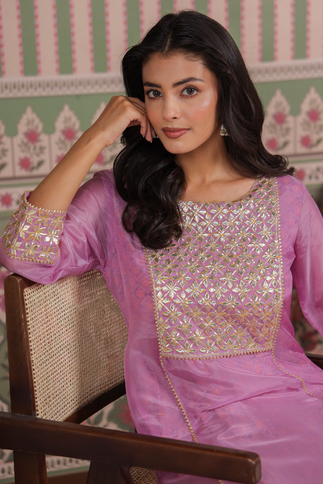 Mauve Double Layered Organza and Modal Kurta with Gota Patti Embroidery