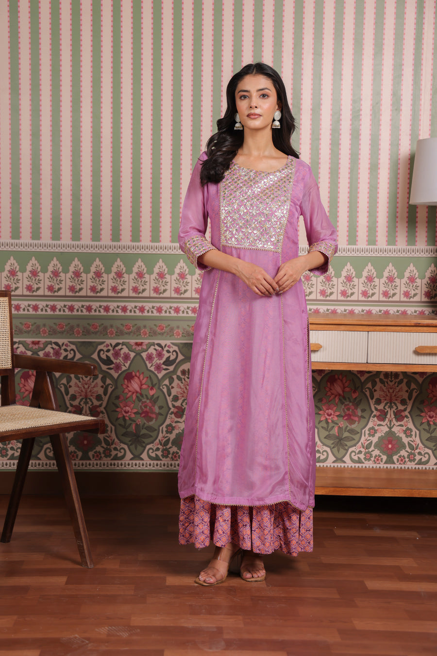 Mauve Double Layered Organza and Modal Kurta with Gota Patti Embroidery