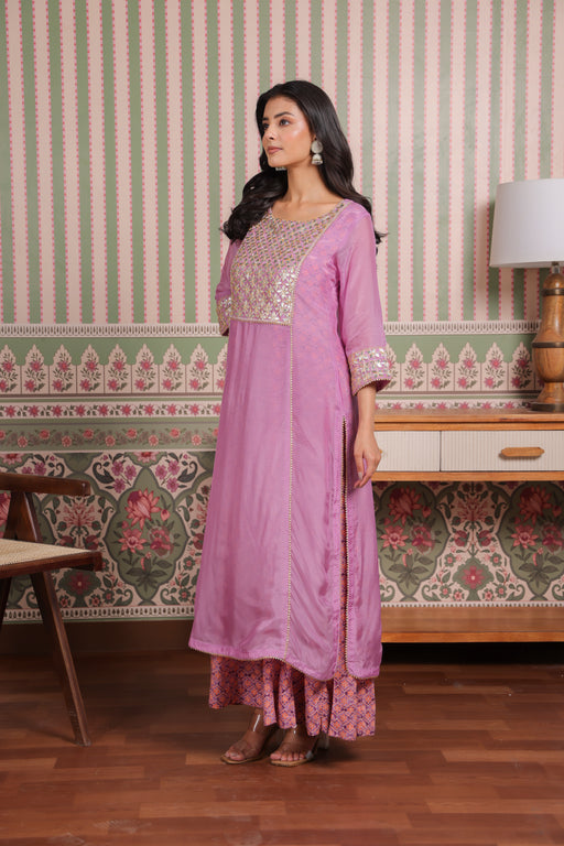 Mauve Double Layered Organza and Modal Kurta with Gota Patti Embroidery