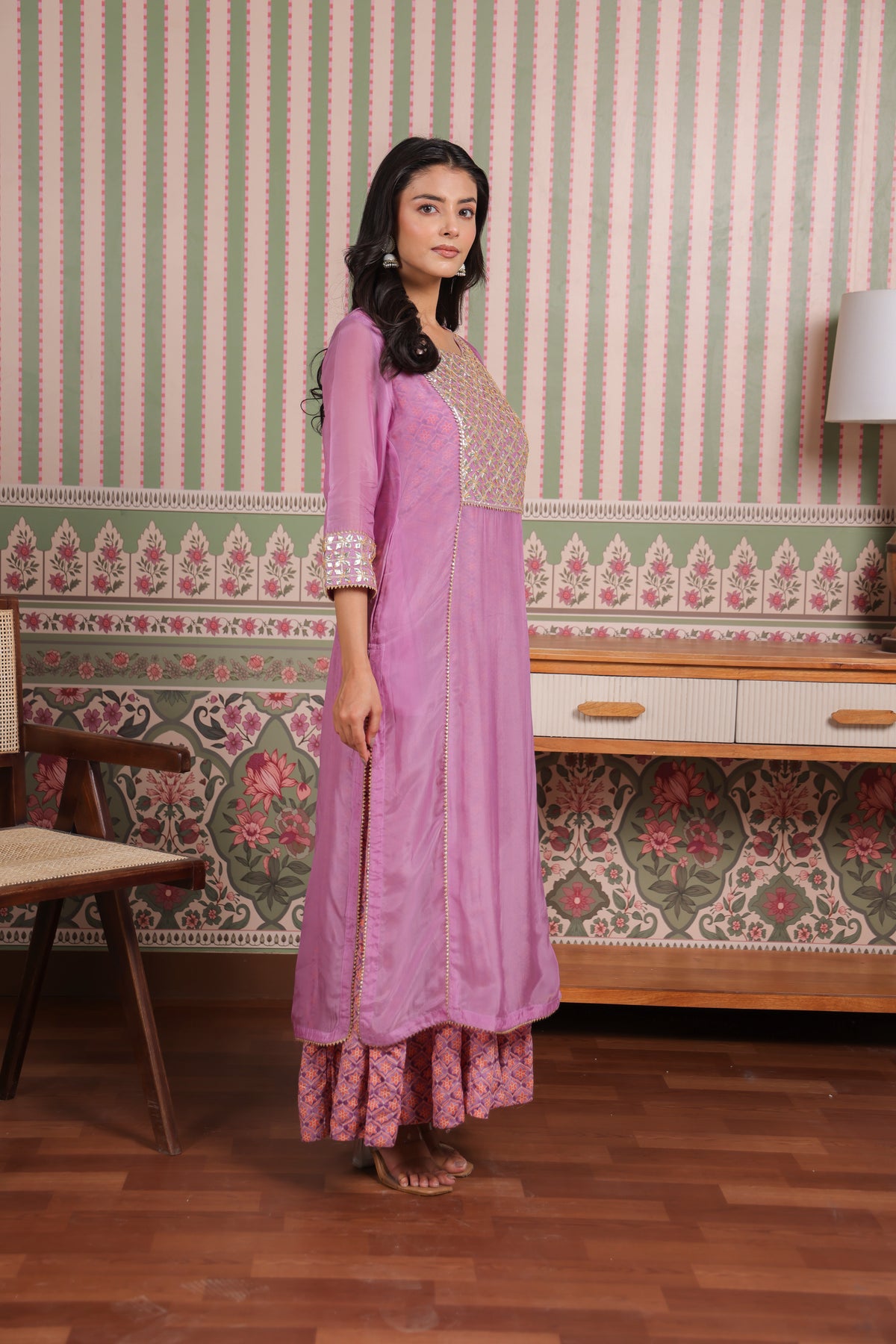 Mauve Double Layered Organza and Modal Kurta with Gota Patti Embroidery