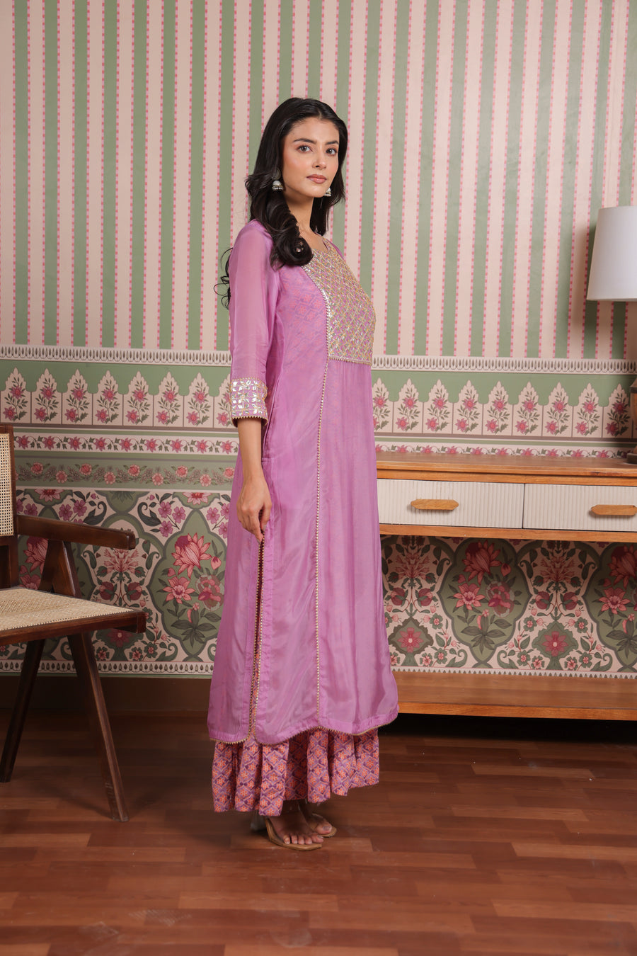 Mauve Double Layered Organza and Modal Kurta with Gota Patti Embroidery