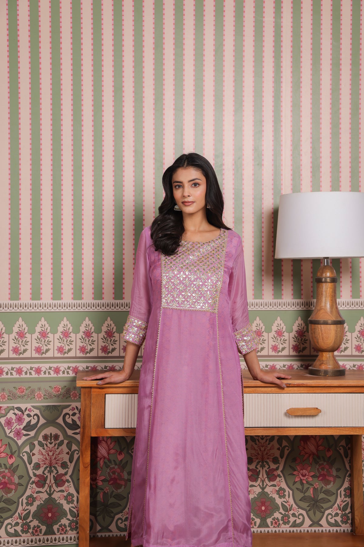Mauve Double Layered Organza and Modal Kurta with Gota Patti Embroidery