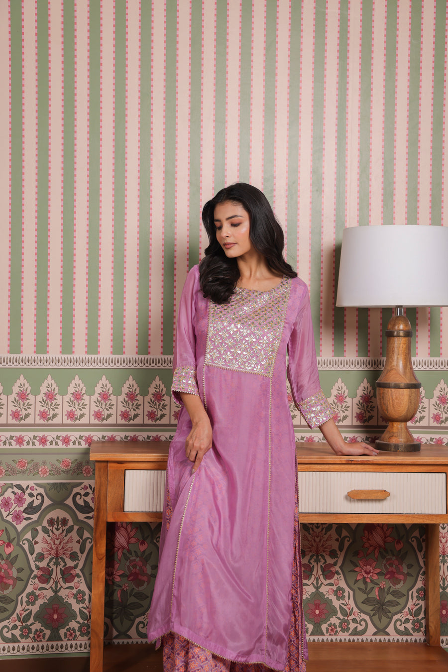 Mauve Double Layered Organza and Modal Kurta with Gota Patti Embroidery