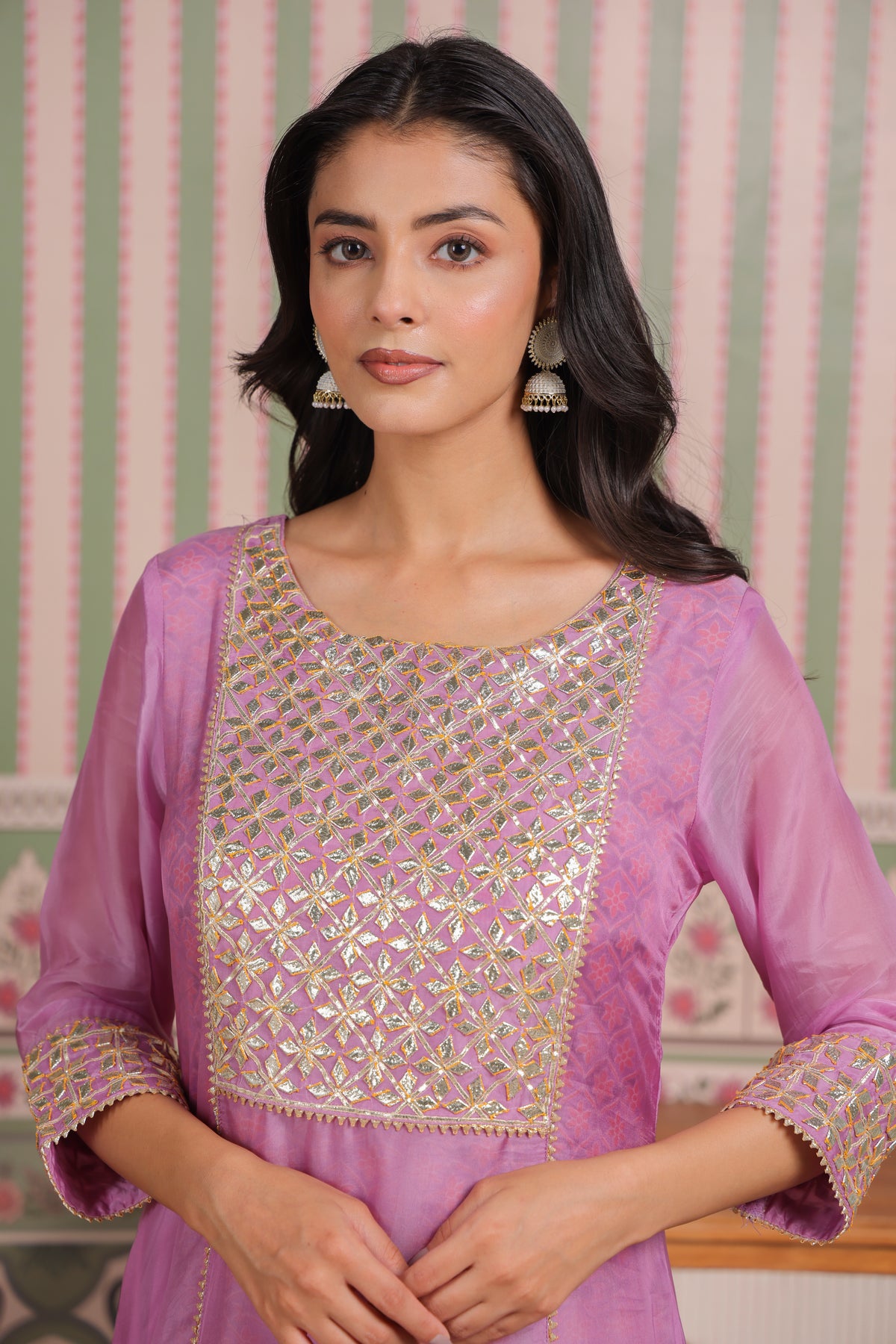 Mauve Double Layered Organza and Modal Kurta with Gota Patti Embroidery