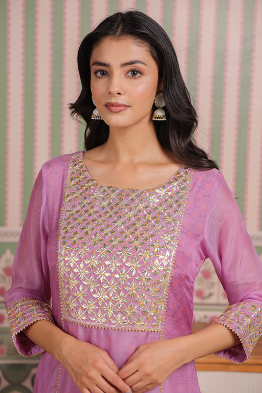 Mauve Double Layered Organza and Modal Kurta with Gota Patti Embroidery