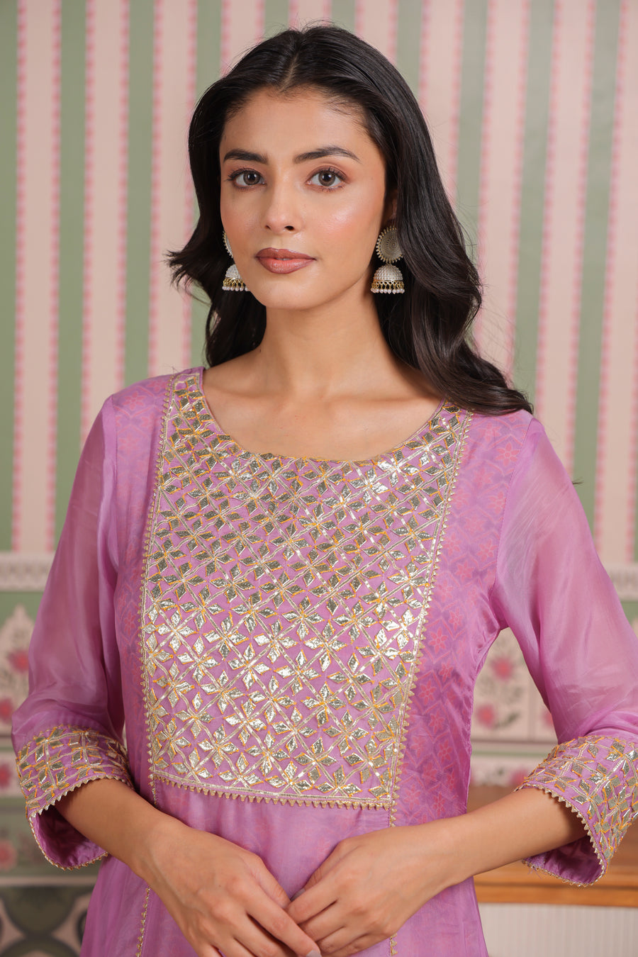 Mauve Double Layered Organza and Modal Kurta with Gota Patti Embroidery
