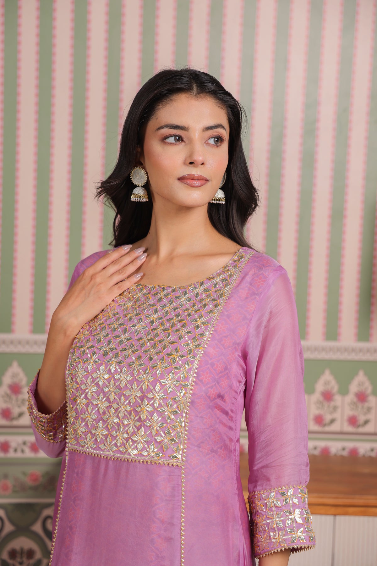 Mauve Double Layered Organza and Modal Kurta with Gota Patti Embroidery