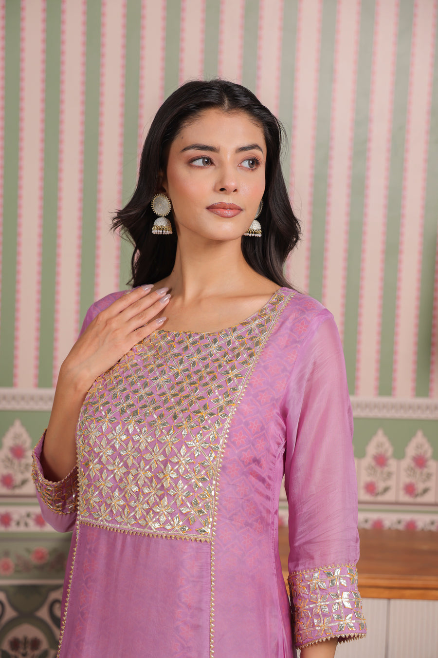 Mauve Double Layered Organza and Modal Kurta with Gota Patti Embroidery