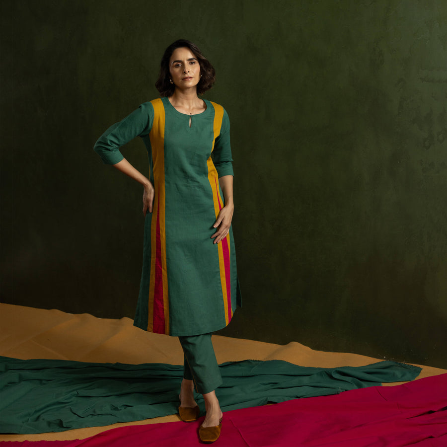 Cotton Linen Kurta Pant Set in Colour Block