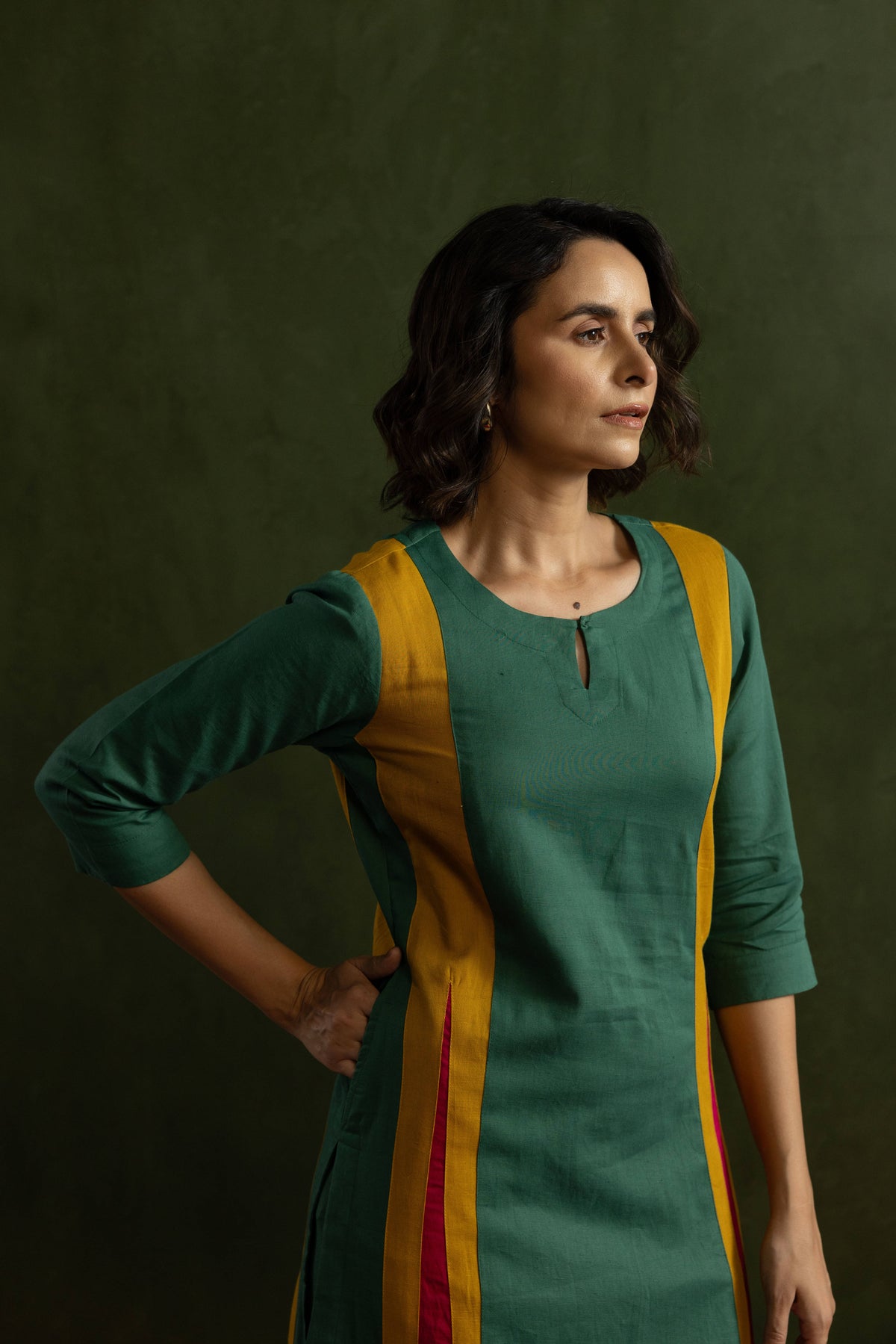 Cotton Linen Kurta Pant Set in Colour Block