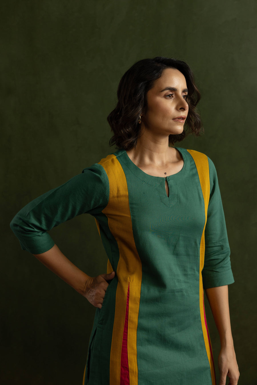 Cotton Linen Kurta Pant Set in Colour Block