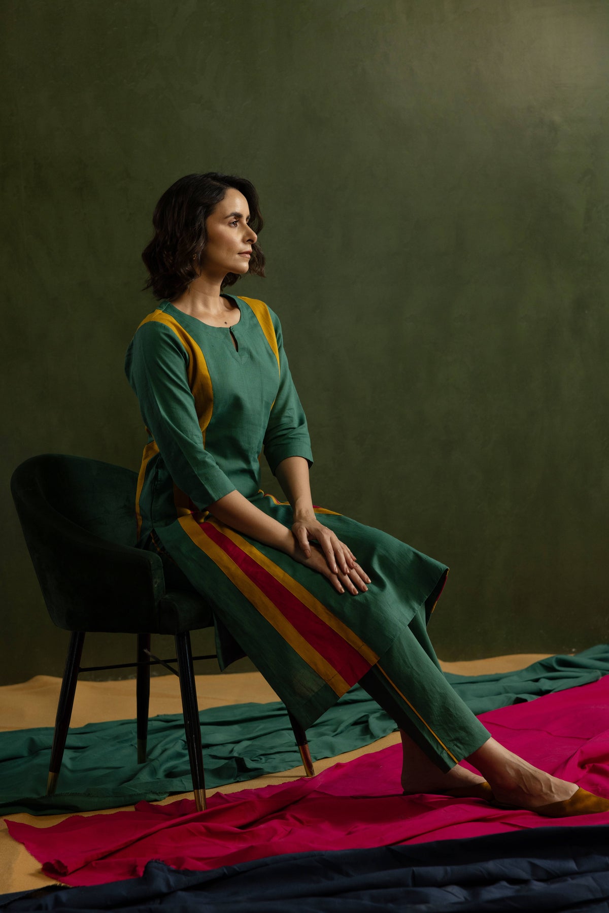 Cotton Linen Kurta Pant Set in Colour Block