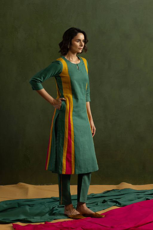 Cotton Linen Kurta Pant Set in Colour Block