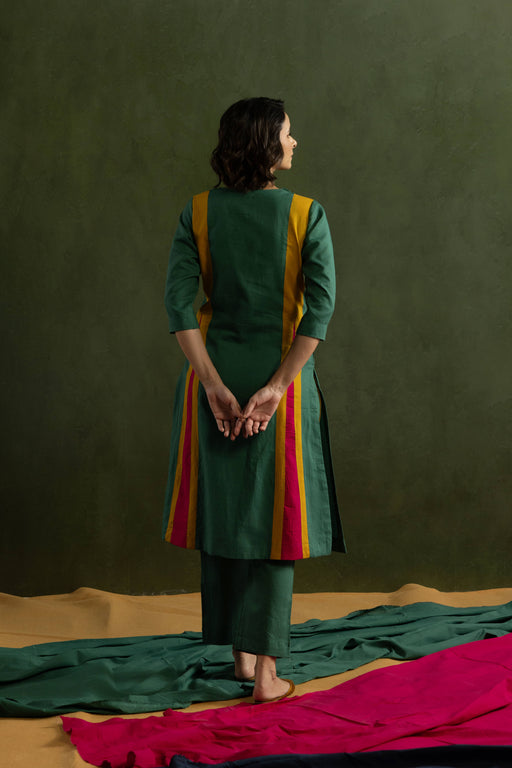 Cotton Linen Kurta Pant Set in Colour Block