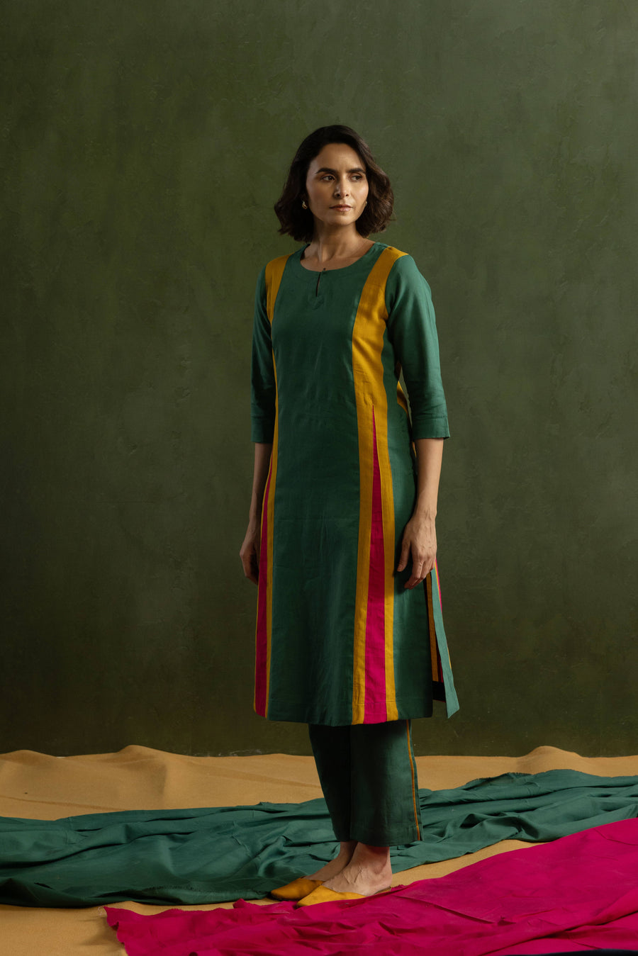 Cotton Linen Kurta Pant Set in Colour Block