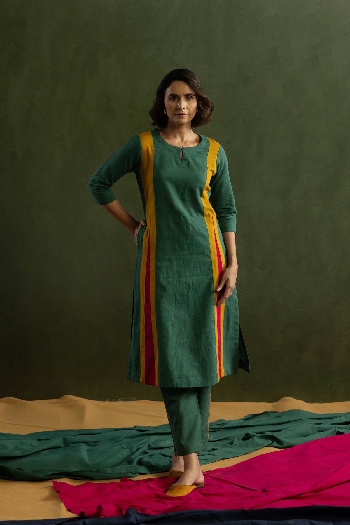 Cotton Linen Kurta Pant Set in Colour Block