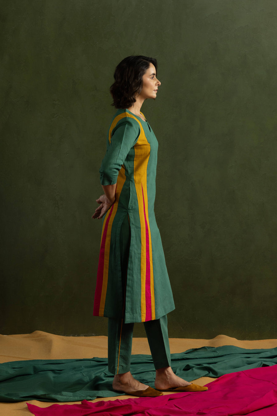 Cotton Linen Kurta Pant Set in Colour Block