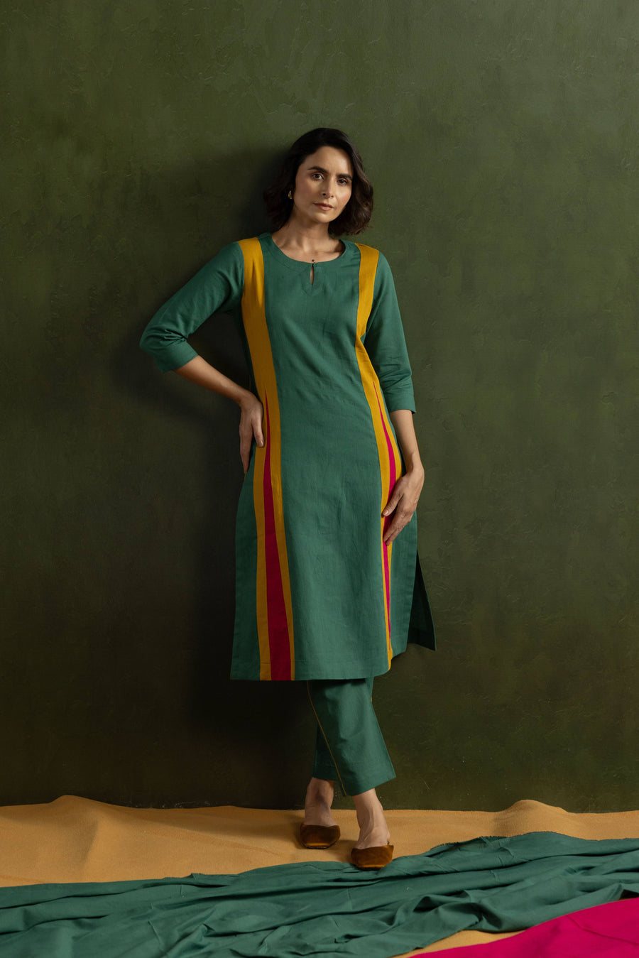 Cotton Linen Kurta Pant Set in Colour Block