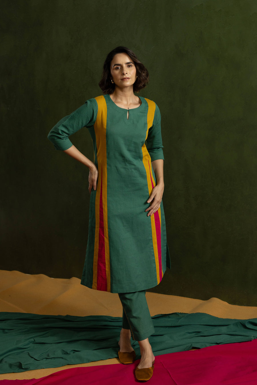 Cotton Linen Kurta Pant Set in Colour Block