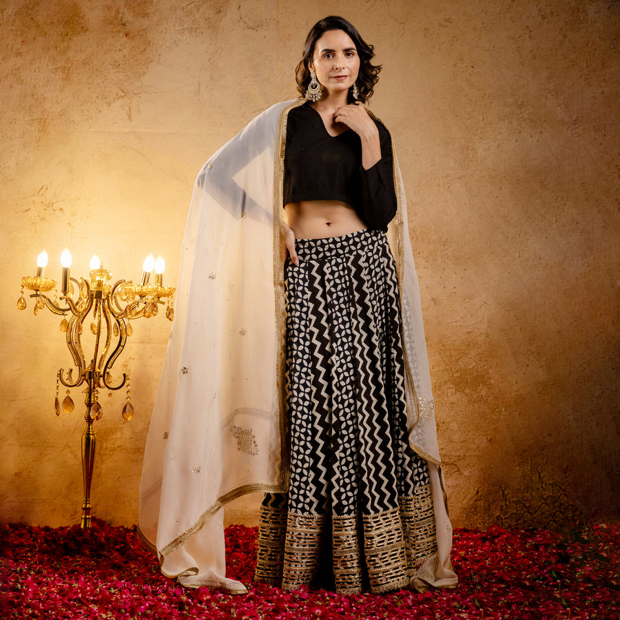 Black Gota Lace Embellished Cotton Lehenga with Black Cotton Silk Blouse and Ivory Embroidered Organza Dupatta